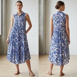 Miss June Paris white blue paisley pleated dress, size EU 2/ US M